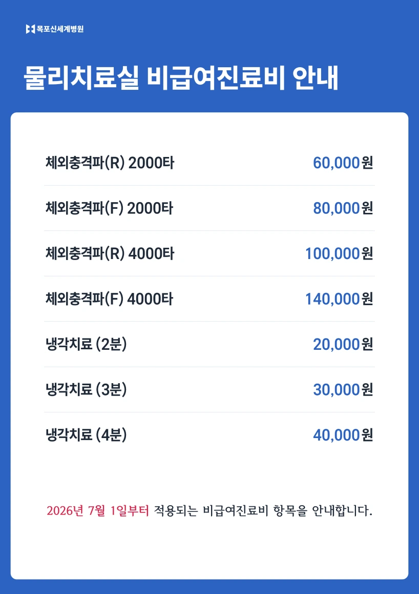 2026년 7월부터 변동되는 목포신세계병원 물리치료실 비급여항목 안내 이미지