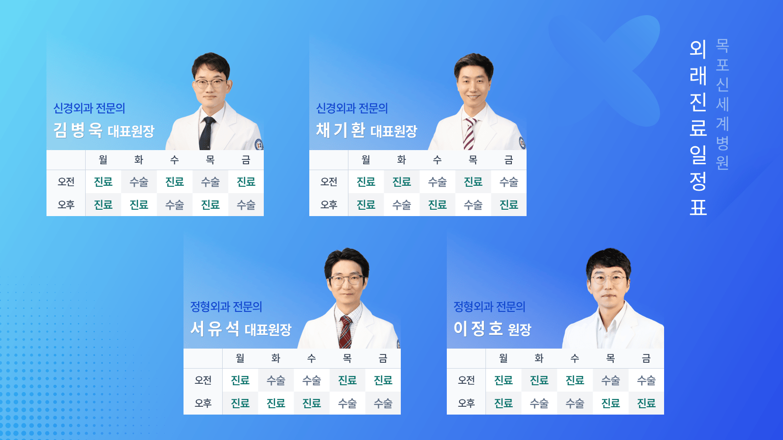 김병욱 대표원장, 채기환 대표원장, 서유석 대표원장, 이정호 원장의 외래진료일정표